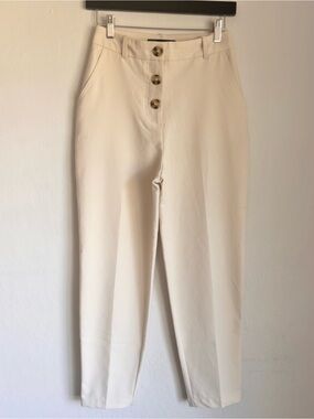 Zara High-Waist Cream Sleek Button-Front Trousers, Sz XS Neutral